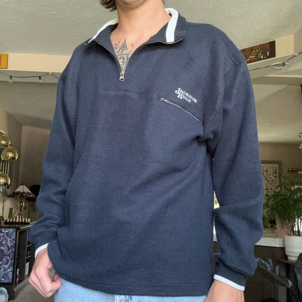 Vintage Jackson Hole Fleece Quarter Zip Men's Navy Sweater